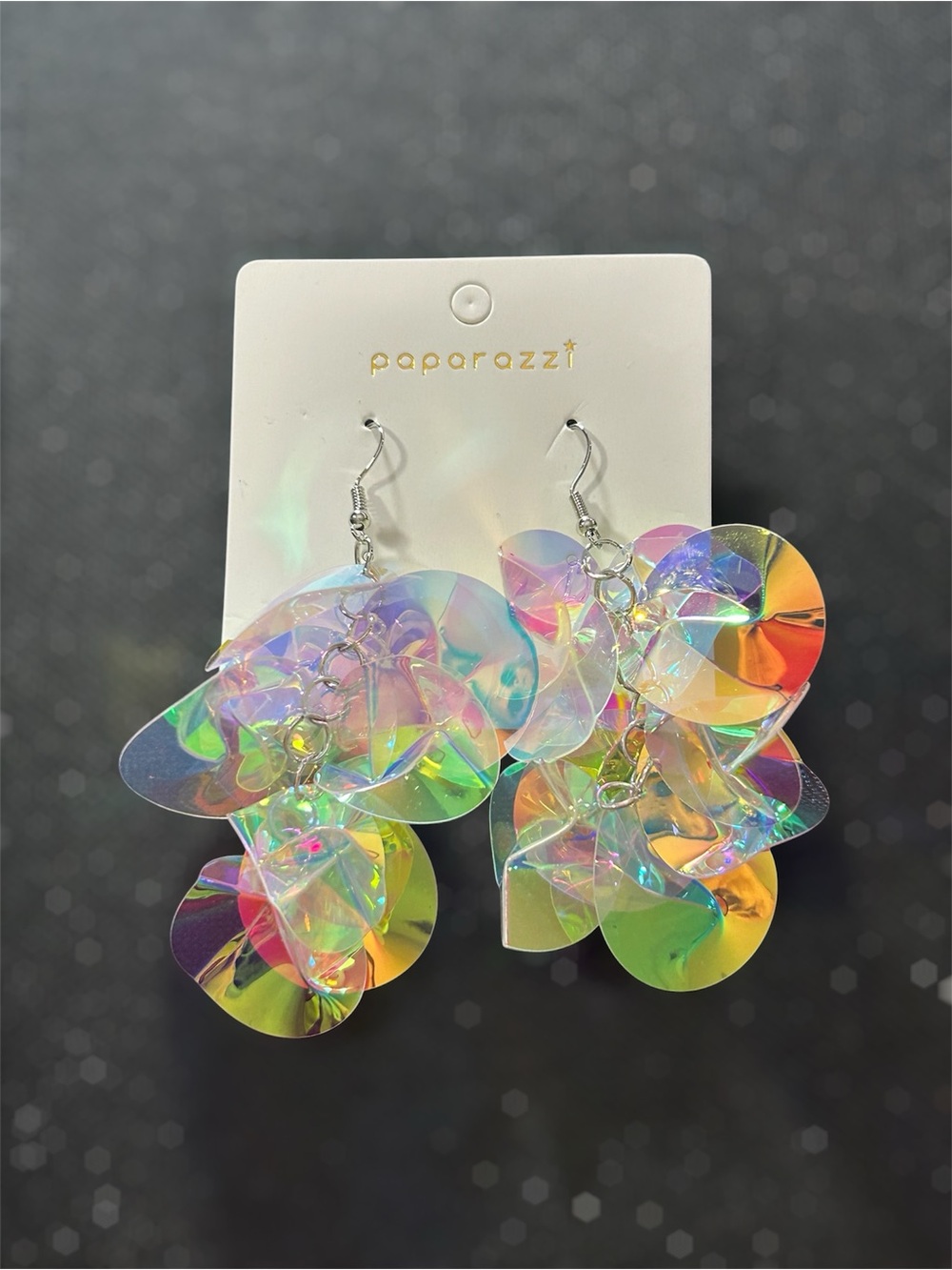 Paparazzi iridescent, multi-layered sequin ruffle petal dangle earrings